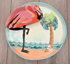 Lanz Russell Art Pottery Flamingo and Palm Tree Chip and Dip Serving Platter