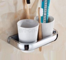 Polished Chrome Toothbrush Holder Double Ceramic Cups Holder Wall Mounted aba836