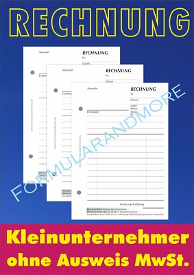 3 Stück RECHNUNGSBLOCK für Kleinunternehmer,DIN A6, a 100 BLATT,gelocht,Quittung