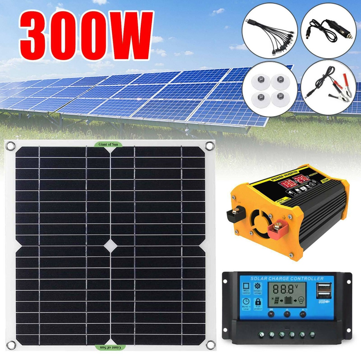 100A 12V Battery Charger 300 Watts Solar Panel Kit with Controller Caravan  Boat