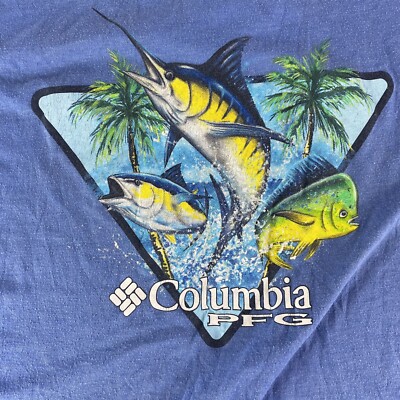 Columbia PFG T Shirt Mens Small Blue Short Sleeve Fishing Gear Tee Marlin Mahi