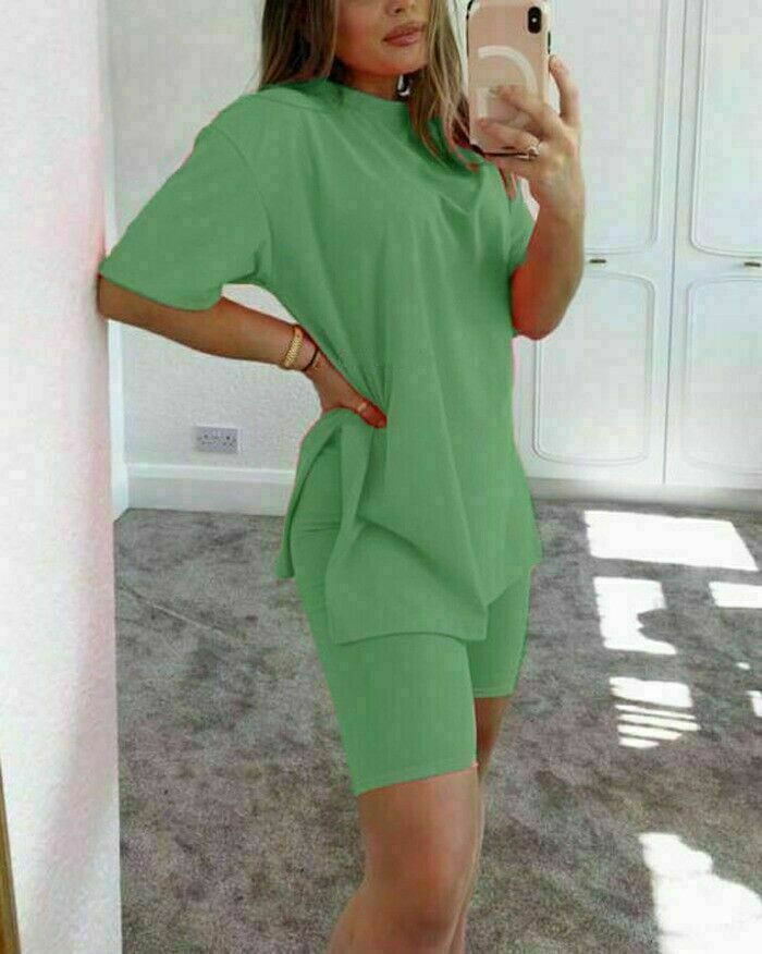 Ladies Oversize Slit Tshirt Cycling Short Co Ord Womens LoungeWear