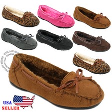 NEW Girls Kids Moccasins Slip On Indoor Outdoor Slippers Fur Loafer Shoes