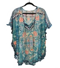 Johnny Was Floral Boho Ruffle Hem Kaftan Poncho Blouse Size Lg.
