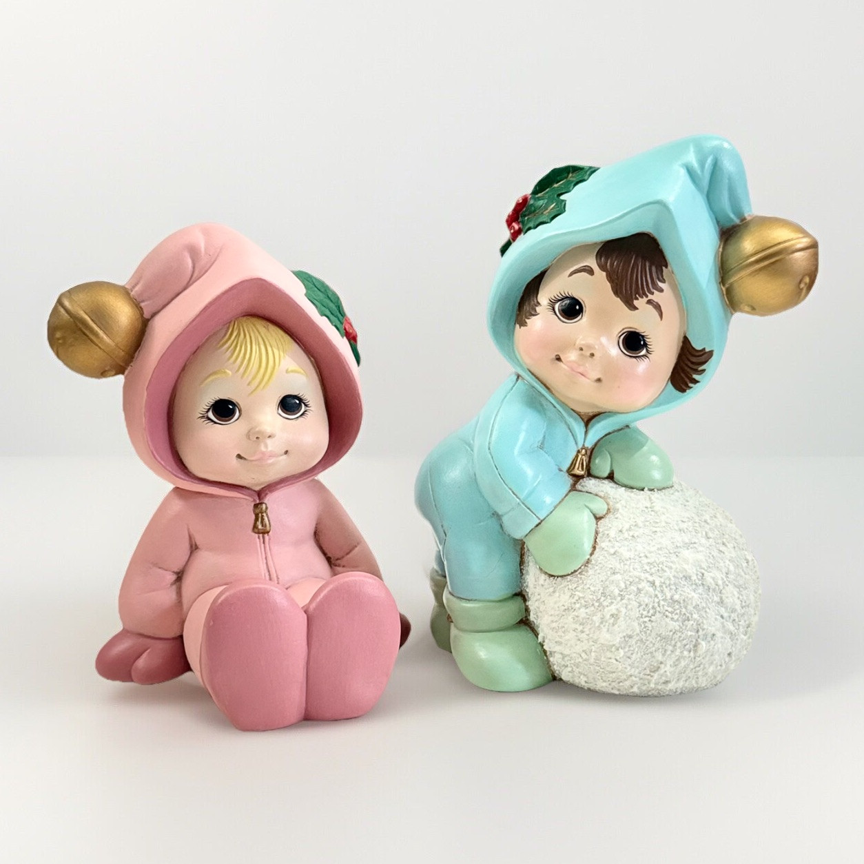 Vintage Christmas Figurines Snowbaby Bisque Set Of 2 Artist Signed