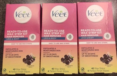 3x Veet Ready To Use Wax Strip Kit - For Body Hair Removal 40 Strips/4 Wipes ea