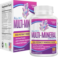 Multimineral supplement iron free, 15 in 1 minerals complex, 180 tablets