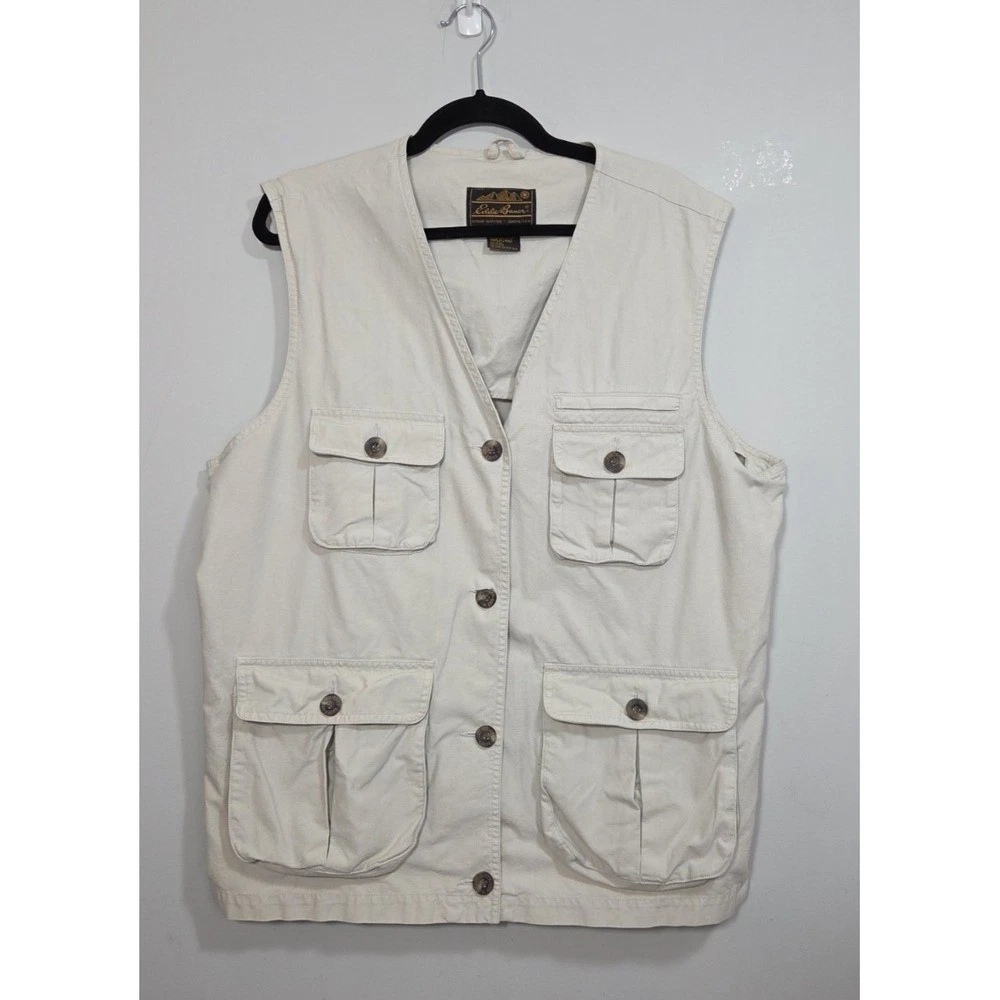 Vintage Eddie Bauer Women Hiking Fishing Safari Khaki Vest Jacket Size L