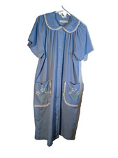 Vintage Blue Button-Up House Dress With Lace Trim  Floral Embroidered Pockets