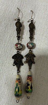 Vintage Earrings Peruvian Clay Hand Painted Dangle Drop Ornate Brass