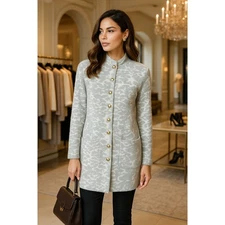 Halston Gray & White Jacquard Sweater Coat Gold Button Cardigan Jacket Soft 