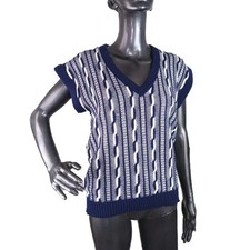 VTG 80's Catalina U.S.A. Blue  White, Cable Knit, V-neck, Sweater Vest Size M