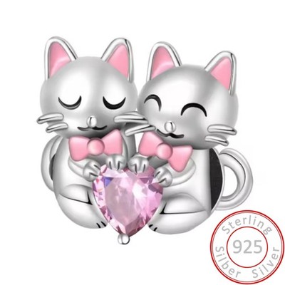 Charms Anhänger zwei Katzen Herz rosa Tier süß Damen Armband 925 Sterling Silber