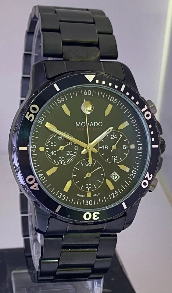 Восстановленный полностью черный хронограф Movado с датой, кварцевые часы из нержавеющей стали - Изображение 4 из 4