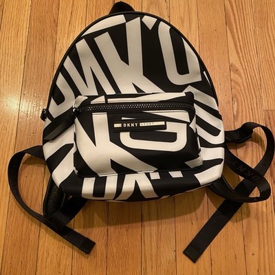 DKNY Black White Nylon Logo Nora Small Backpack 