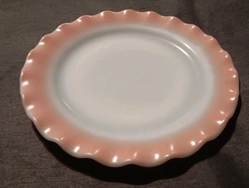 2 VTG Hazel Atlas Pink Ripple Crinoline 9" Milk Glass Dinner Plates