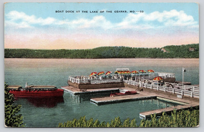 Lake of the Ozarks Missouri Excursion Boat Striped Umbrellas Dock Postcard