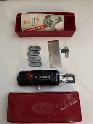 White Magic Key Buttonhole Worker with Manual, Red Bakelite Case & 4 Keys