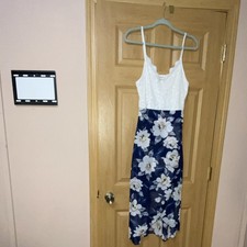 SHEIN Womens S Navy/White Floral Maxi Dress V-Neck Lace Strappy Sleeveless