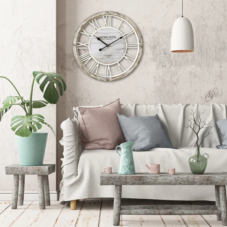 Mobili Rebecca Orologio da Parete Orologi Shabby Legno Bianco 50x50x4,5 - Immagine 3 di 4