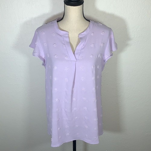MEROKEETY V Neck Ruffle Short Sleeve Blouse Swiss Dot Flowy Shirt Tunic Top Sz M - 第 5/15 張圖片