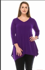 PURPLE 3/4 Sleeve Tunic TOP Point Hem Stretch No Iron Travel Easy Care