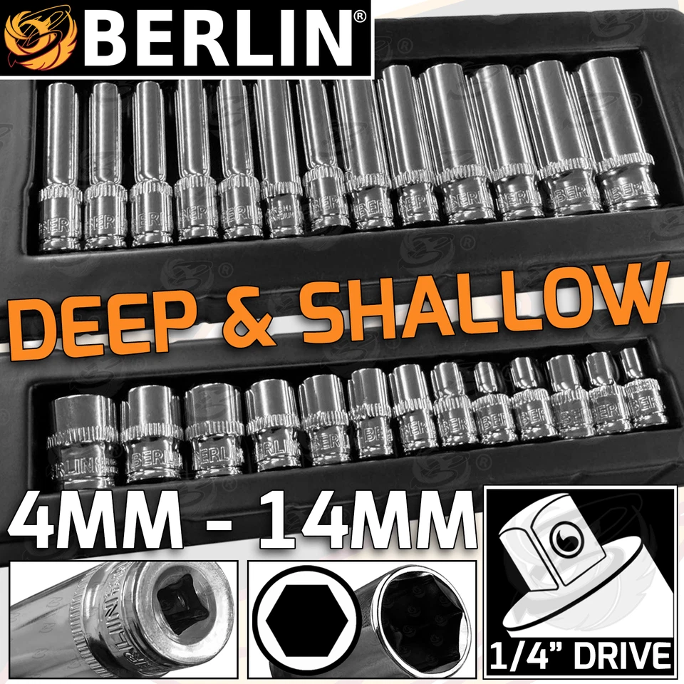 BERLIN 1/4" Drive Socket Set DEEP & SHALLOW Single Hex Drive Long Reach Sockets