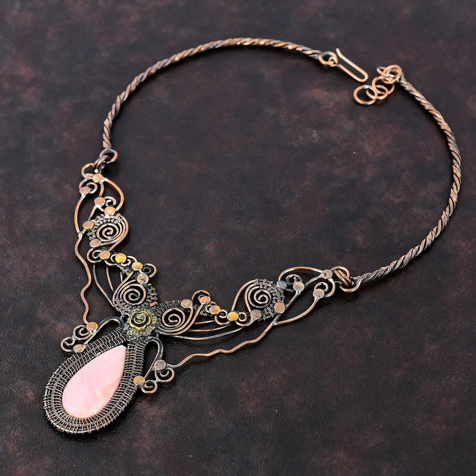 Collar ajustable con cadena de flores envuelta en alambre de cobre ópalo rosa para mujer 18,0" Foto 3 de 4