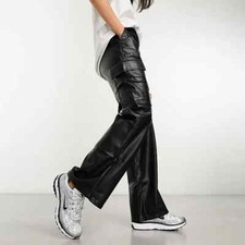 Women Cargo Pants With Pocket Ladies PU Leather Loose Casual Straight Trousers