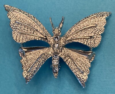 Beautiful Vintage Signed GERRY'S Silver Tone 2'' Butterfly & blue rhinestone pin