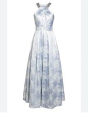 ELIZA J Silver Blue Metallic Floral Jacquard Embellished Maxi Gown Dress 8 = M
