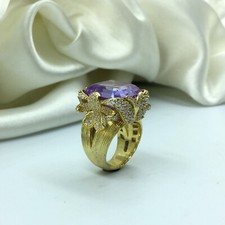 Beautiful Flower Design Purple Amethyst  White CZ 935 Silver Ring  8.5 Size 
