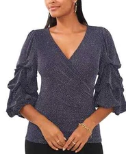 Msk Women’s Glitter-Knit Tiered-Sleeve Surplice Top, Navy Silver, XL B08 New