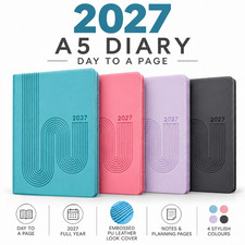 2027 A5 Day To a Page Diary Embossed PU Leather Look Cover Planner Appointment