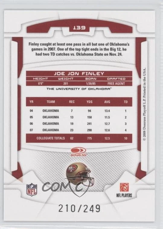 2008 Leaf Rookies & Stars Longevity Rookie Ruby /249 Joe Jon Finley #139 RC - Image 2 of 2