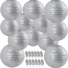 12pcs Silver Paper Lanterns with 12pcs White LED Lights, 6" 8" 10" 12" Round ...