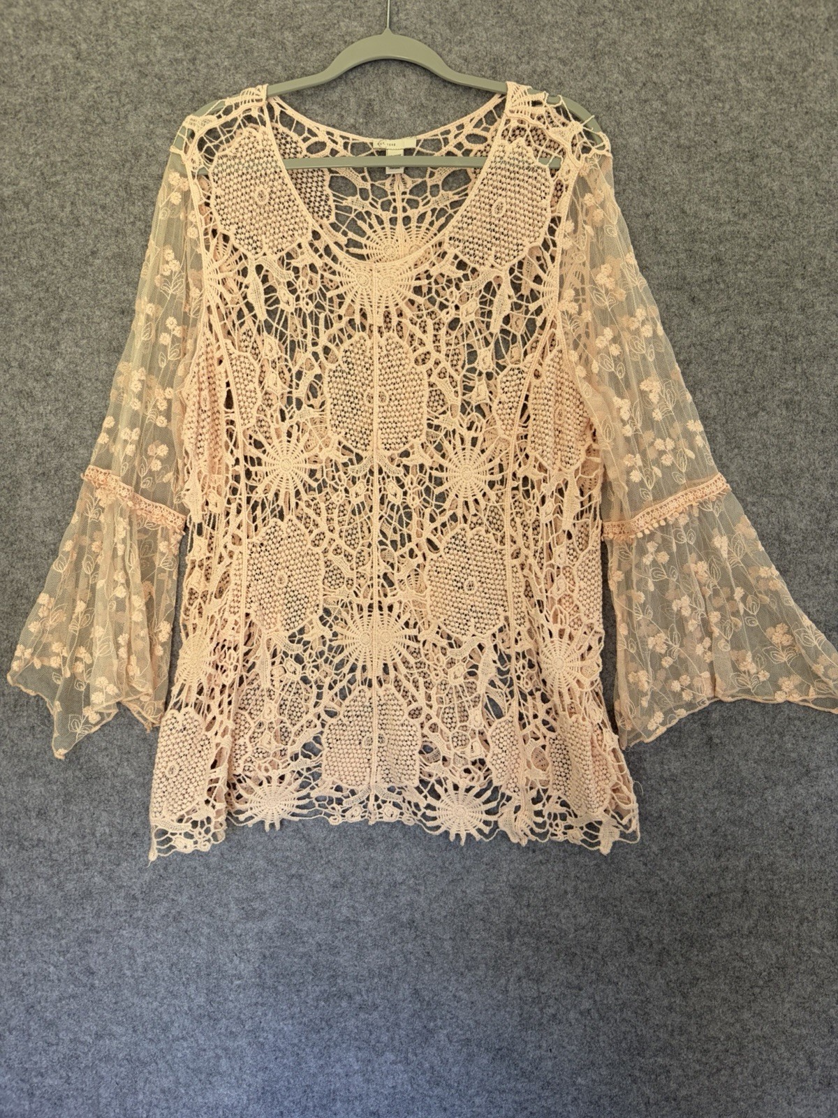 Est 1946 Pink Crochet Lace Bell Sleeve Boho Cottage Core Fairy Music Festival-image