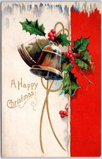 VINTAGE A HAPPY CHRISMAS BELL& HOLLY~1909 EMBOSSED GERMAN POSTCARD NL