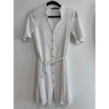 Zara Crinkle Texture Mini Shirt Dress Womens Small White Braided Rope Belt