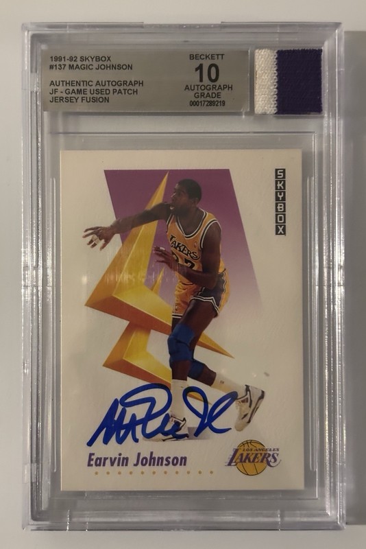 SkyBox 1991-92 Magic Johnson #137 Lakers Auto BAS Game Used Patch BGS Graded