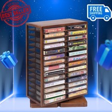 Wood cassette tape storage box 360 degree rotating rack holds 56 tapes