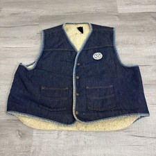 Vintage 80s Roebuck  Co Dark Blue Denim Sherpa Lined Button Up Vest Mens XL