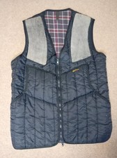 Vintage Barbour Hunting Shooting Gilet Vest Bodywarmer  Navy Suede Patches XS. 