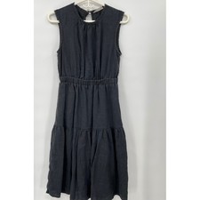 EVERLANE Black Linen Blend Tiered Midi Dress Elastic Waist Keyhole Button Back 2