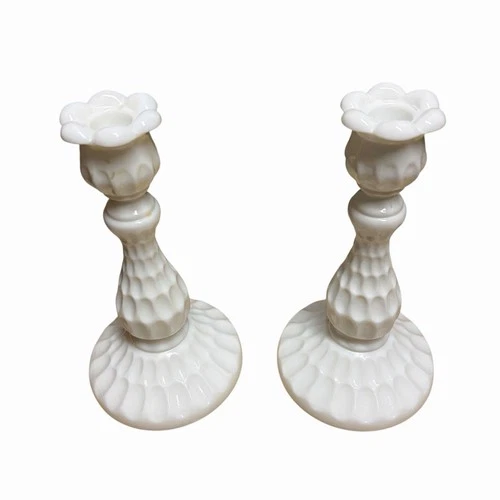 Vintage White Milk Glass Scalloped Thumbprint Candlestick Holder 8-1/2” Set of 2