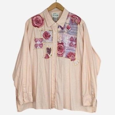 Quacker Factory Rose Applique Mixed Media Linen Shirt Mozart Print 3X