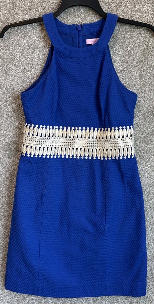 Lilly Pulitzer Womens Blue Ashlyn Shift Dress Halter W/Gold Embellished Size 2
