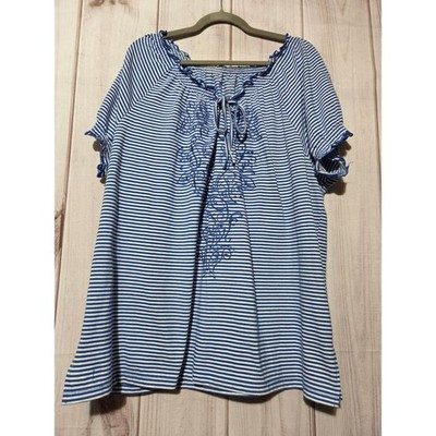 Faded Glory Womens 2X Blue White Striped Embroidered Peasant Top Short Sleeve