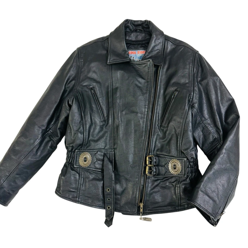 Chaqueta de Moto Western de Cuero Negra Recortada De Colección para Mujer L Forro Extraíble Pesada Genial Foto 3 de 4