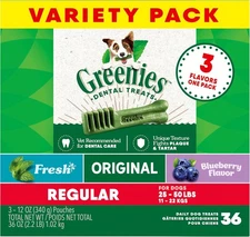 Greenies Regular Dental Dog Treats, 3-Flavor 36 Count (Pack of 1), green 